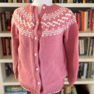 Vintage Pink and White Women's Cardigan Sweater